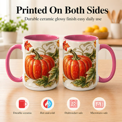#pl[15oz|Pink] Autumn Pumpkin Coffee Mug, Fall Harvest Leaves Mug, Ceramic Cup Decor