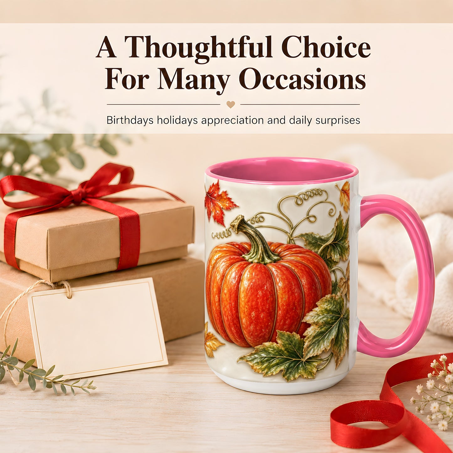 #pl[15oz|Pink] Autumn Pumpkin Coffee Mug, Fall Harvest Leaves Mug, Ceramic Cup Decor