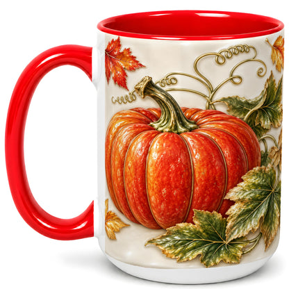 #pl[15oz|Red] Autumn Pumpkin Coffee Mug, Fall Harvest Leaves Mug, Ceramic Cup Decor