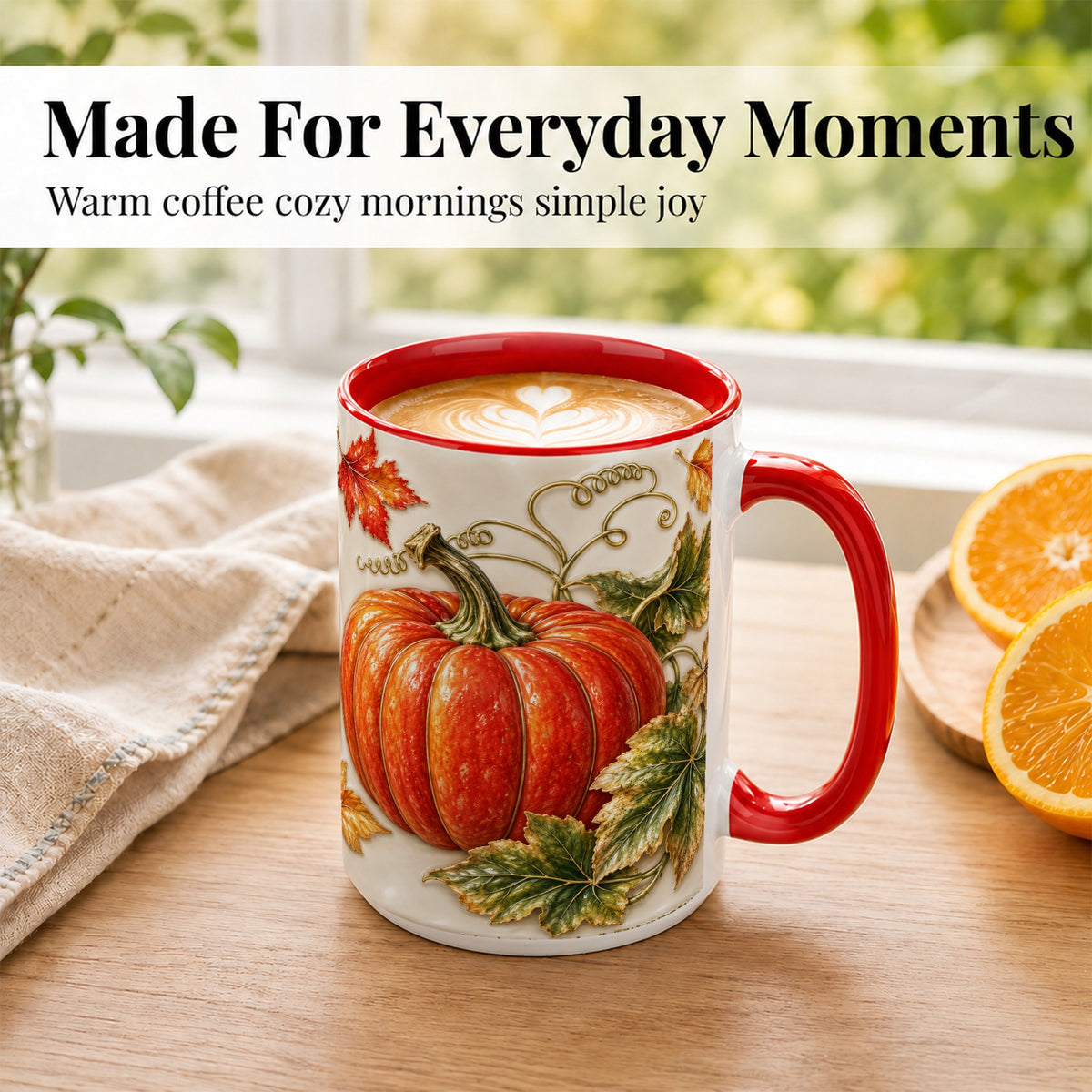 #pl[15oz|Red] Autumn Pumpkin Coffee Mug, Fall Harvest Leaves Mug, Ceramic Cup Decor