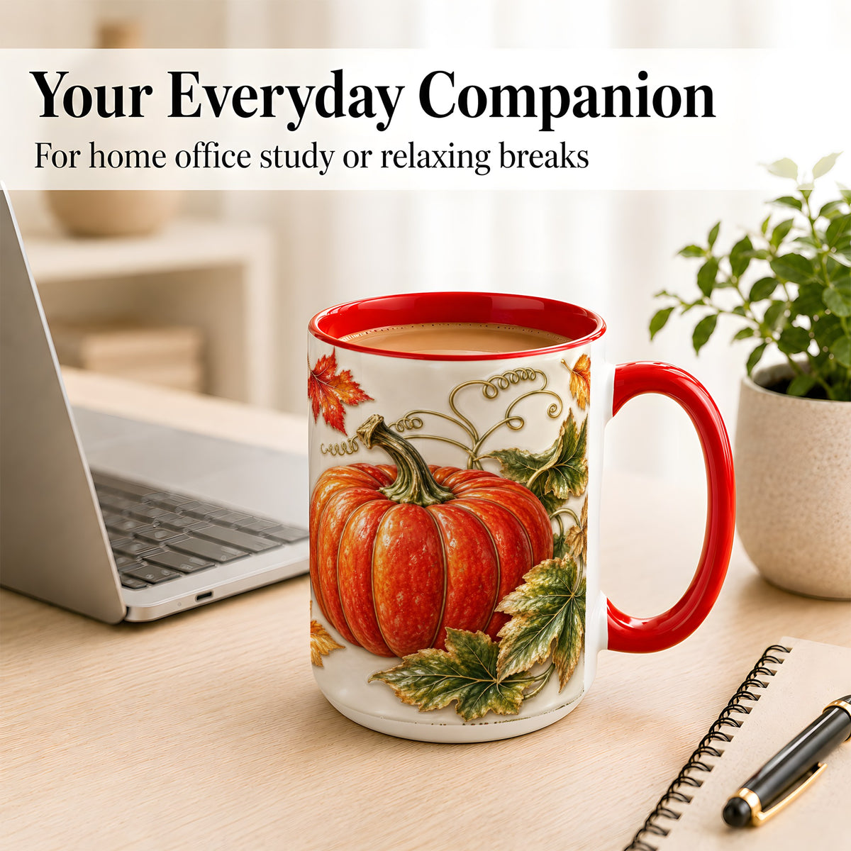 #pl[15oz|Red] Autumn Pumpkin Coffee Mug, Fall Harvest Leaves Mug, Ceramic Cup Decor