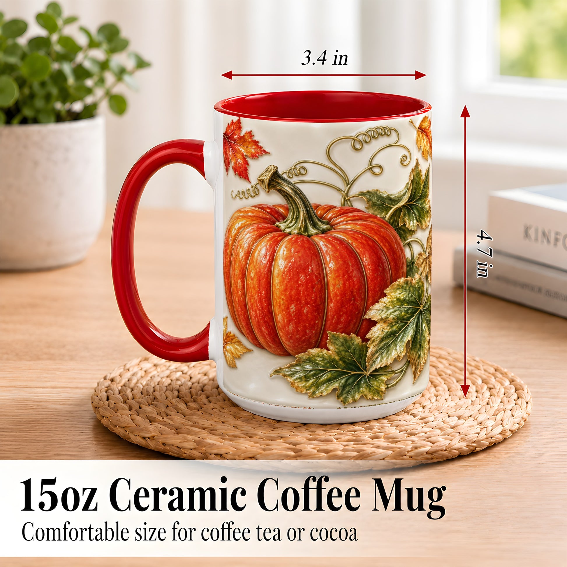 #pl[15oz|Red] Autumn Pumpkin Coffee Mug, Fall Harvest Leaves Mug, Ceramic Cup Decor