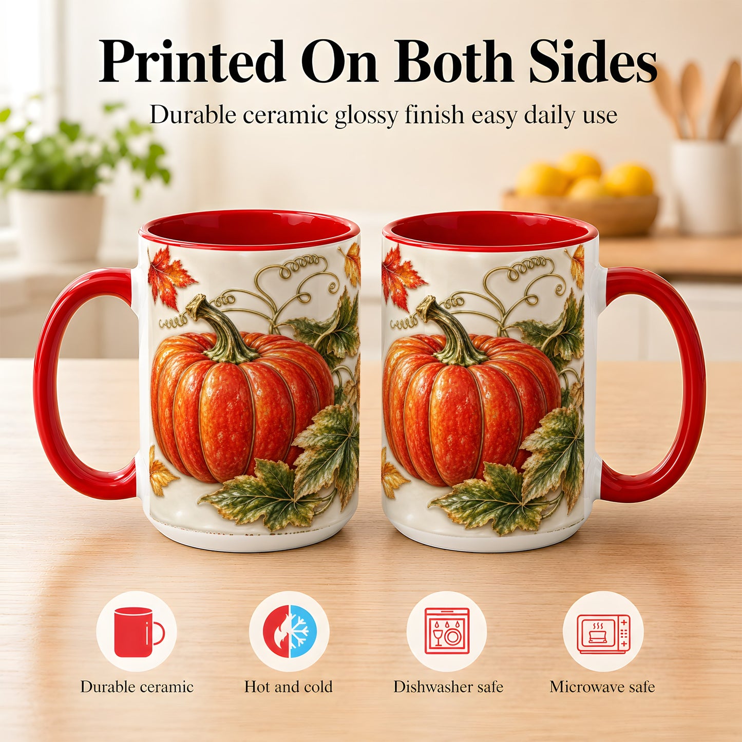 #pl[15oz|Red] Autumn Pumpkin Coffee Mug, Fall Harvest Leaves Mug, Ceramic Cup Decor
