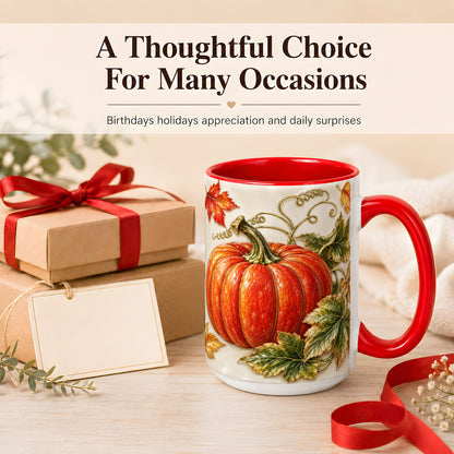 #pl[15oz|Red] Autumn Pumpkin Coffee Mug, Fall Harvest Leaves Mug, Ceramic Cup Decor