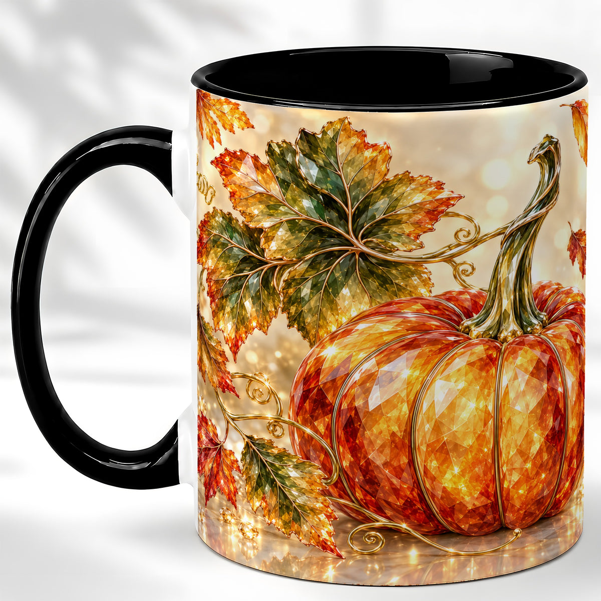 #pl[11oz|Black] Faceted Pumpkin Coffee Mug, Autumn Harvest Leaves Mug, Ceramic Cup