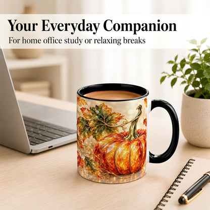 #pl[11oz|Black] Faceted Pumpkin Coffee Mug, Autumn Harvest Leaves Mug, Ceramic Cup