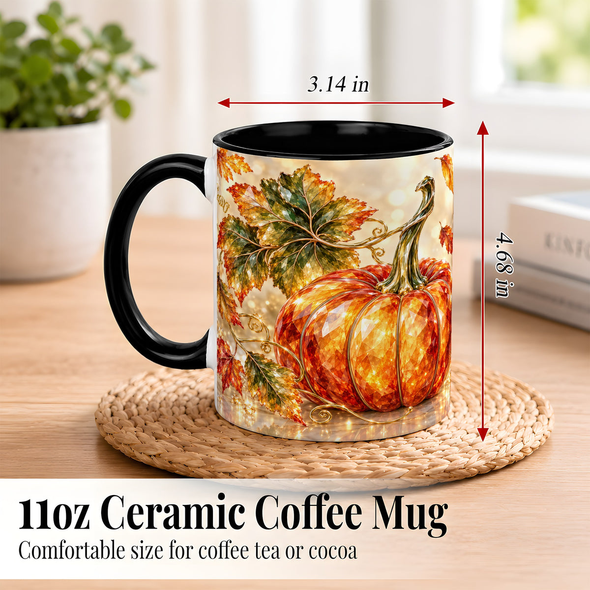 #pl[11oz|Black] Faceted Pumpkin Coffee Mug, Autumn Harvest Leaves Mug, Ceramic Cup