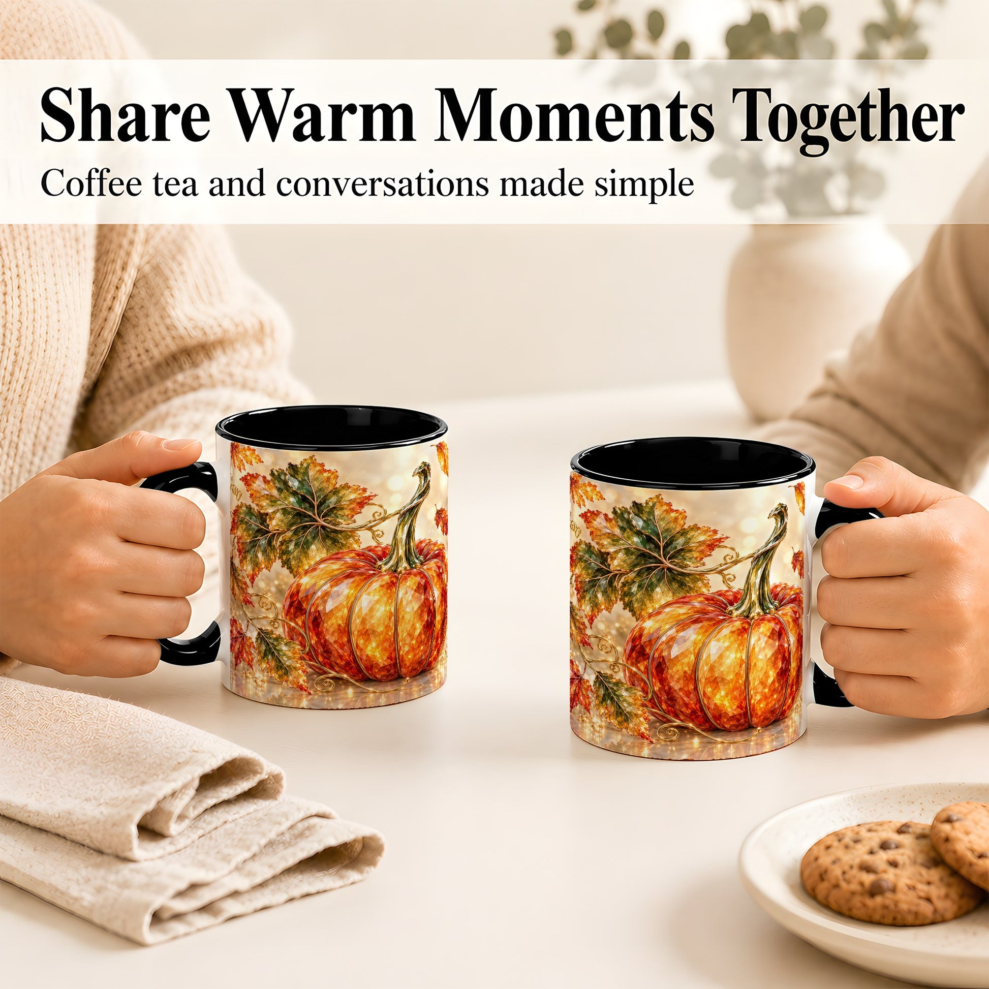 #pl[11oz|Black] Faceted Pumpkin Coffee Mug, Autumn Harvest Leaves Mug, Ceramic Cup
