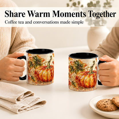 #pl[11oz|Black] Faceted Pumpkin Coffee Mug, Autumn Harvest Leaves Mug, Ceramic Cup