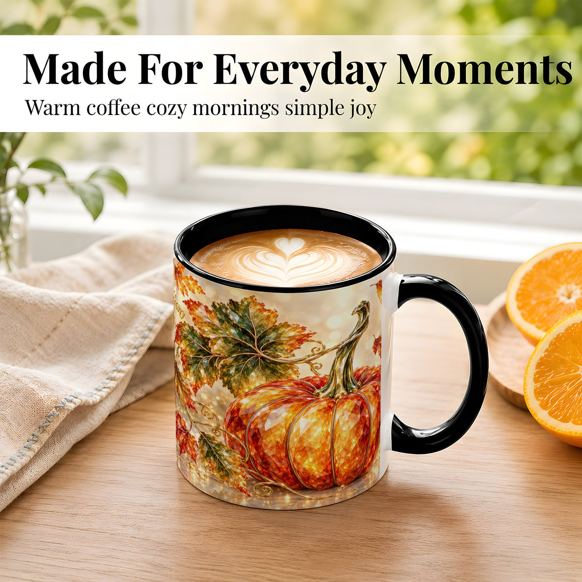 #pl[11oz|Black] Faceted Pumpkin Coffee Mug, Autumn Harvest Leaves Mug, Ceramic Cup