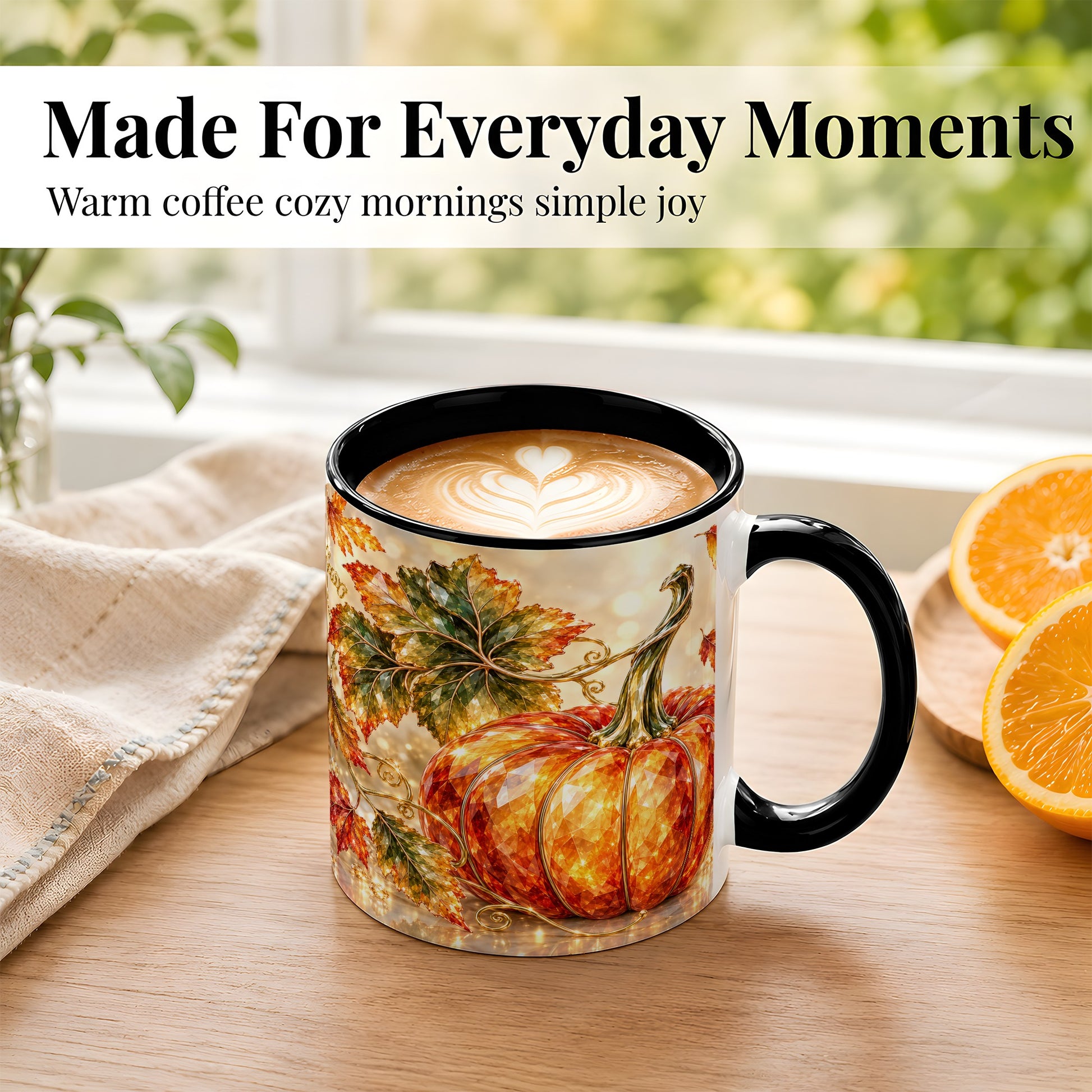 #pl[11oz|Black] Faceted Pumpkin Coffee Mug, Autumn Harvest Leaves Mug, Ceramic Cup
