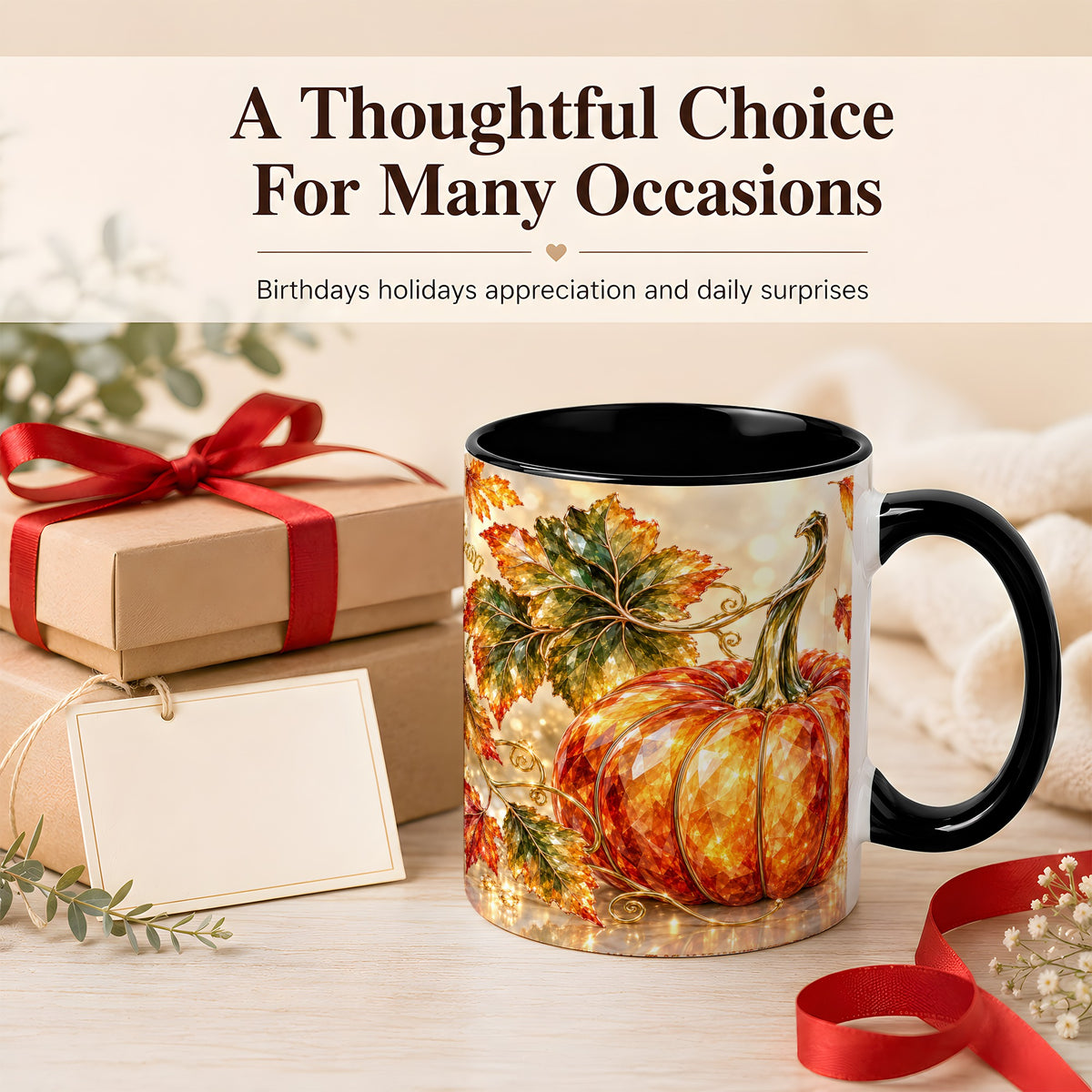 #pl[11oz|Black] Faceted Pumpkin Coffee Mug, Autumn Harvest Leaves Mug, Ceramic Cup