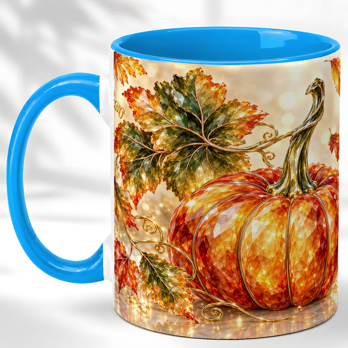 #pl[11oz|Blue] Faceted Pumpkin Coffee Mug, Autumn Harvest Leaves Mug, Ceramic Cup