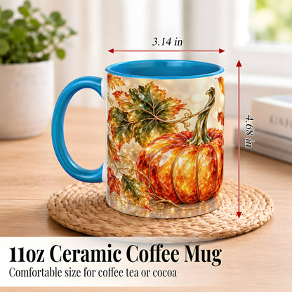 #pl[11oz|Blue] Faceted Pumpkin Coffee Mug, Autumn Harvest Leaves Mug, Ceramic Cup