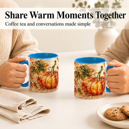 #pl[11oz|Blue] Faceted Pumpkin Coffee Mug, Autumn Harvest Leaves Mug, Ceramic Cup