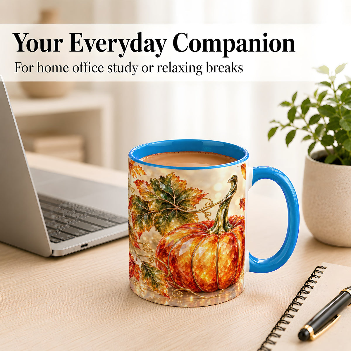 #pl[11oz|Blue] Faceted Pumpkin Coffee Mug, Autumn Harvest Leaves Mug, Ceramic Cup
