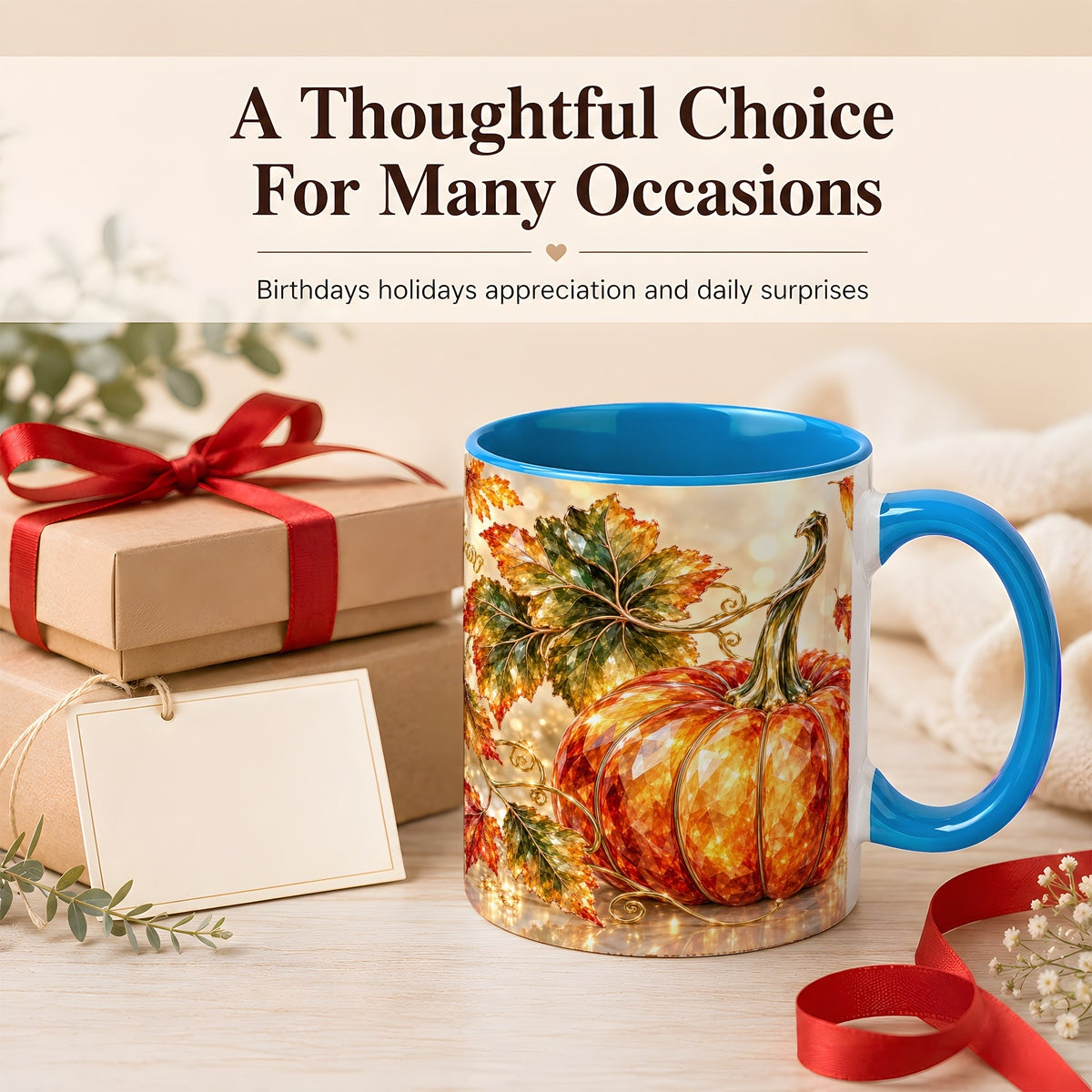 #pl[11oz|Blue] Faceted Pumpkin Coffee Mug, Autumn Harvest Leaves Mug, Ceramic Cup