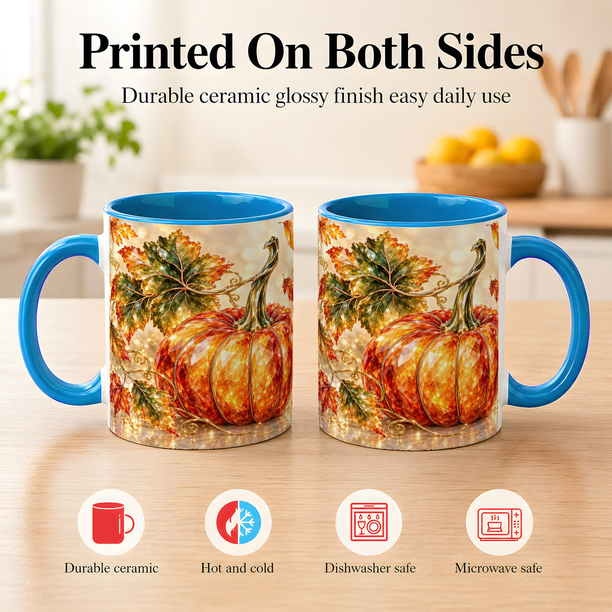 #pl[11oz|Blue] Faceted Pumpkin Coffee Mug, Autumn Harvest Leaves Mug, Ceramic Cup