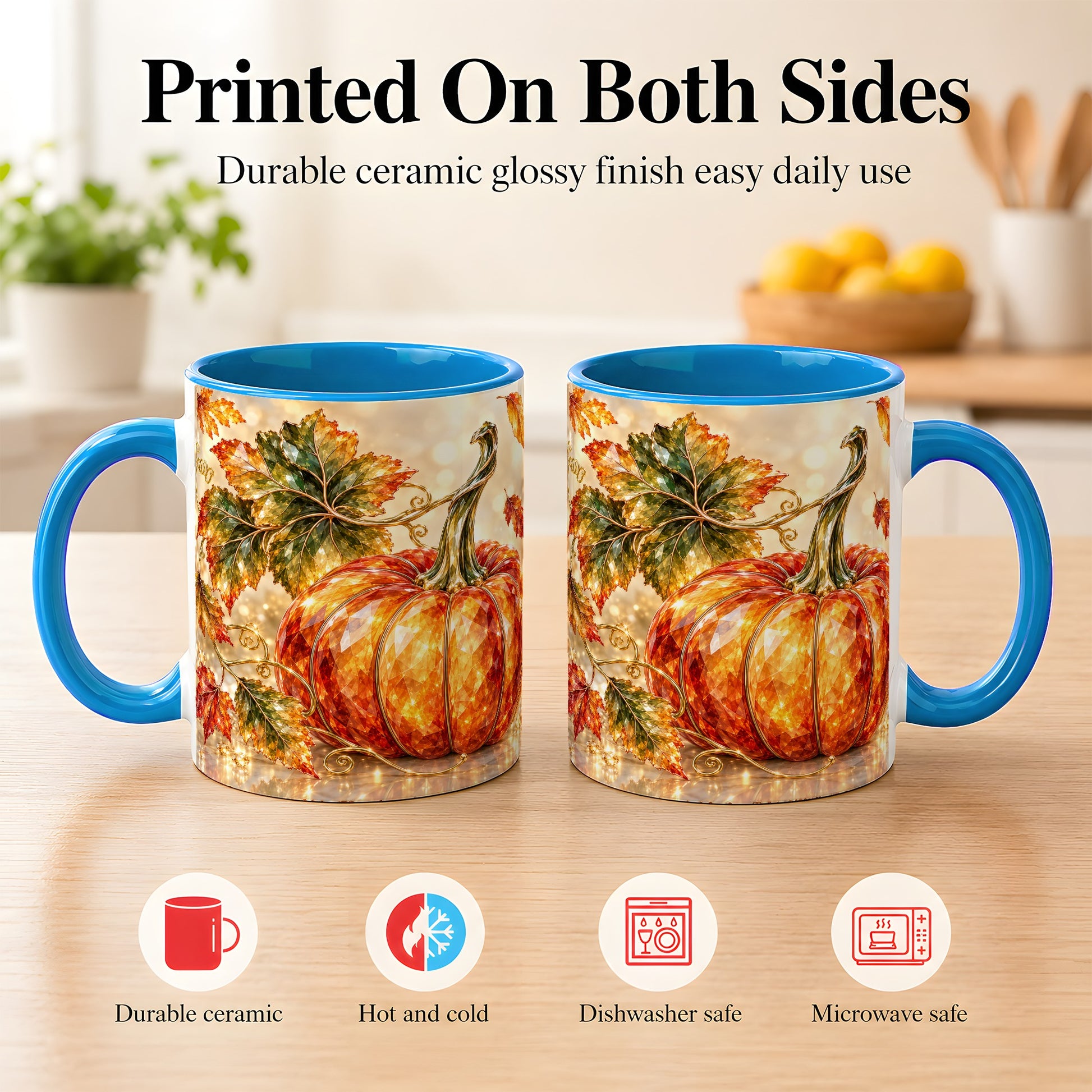 #pl[11oz|Blue] Faceted Pumpkin Coffee Mug, Autumn Harvest Leaves Mug, Ceramic Cup