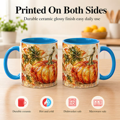 #pl[11oz|Blue] Faceted Pumpkin Coffee Mug, Autumn Harvest Leaves Mug, Ceramic Cup