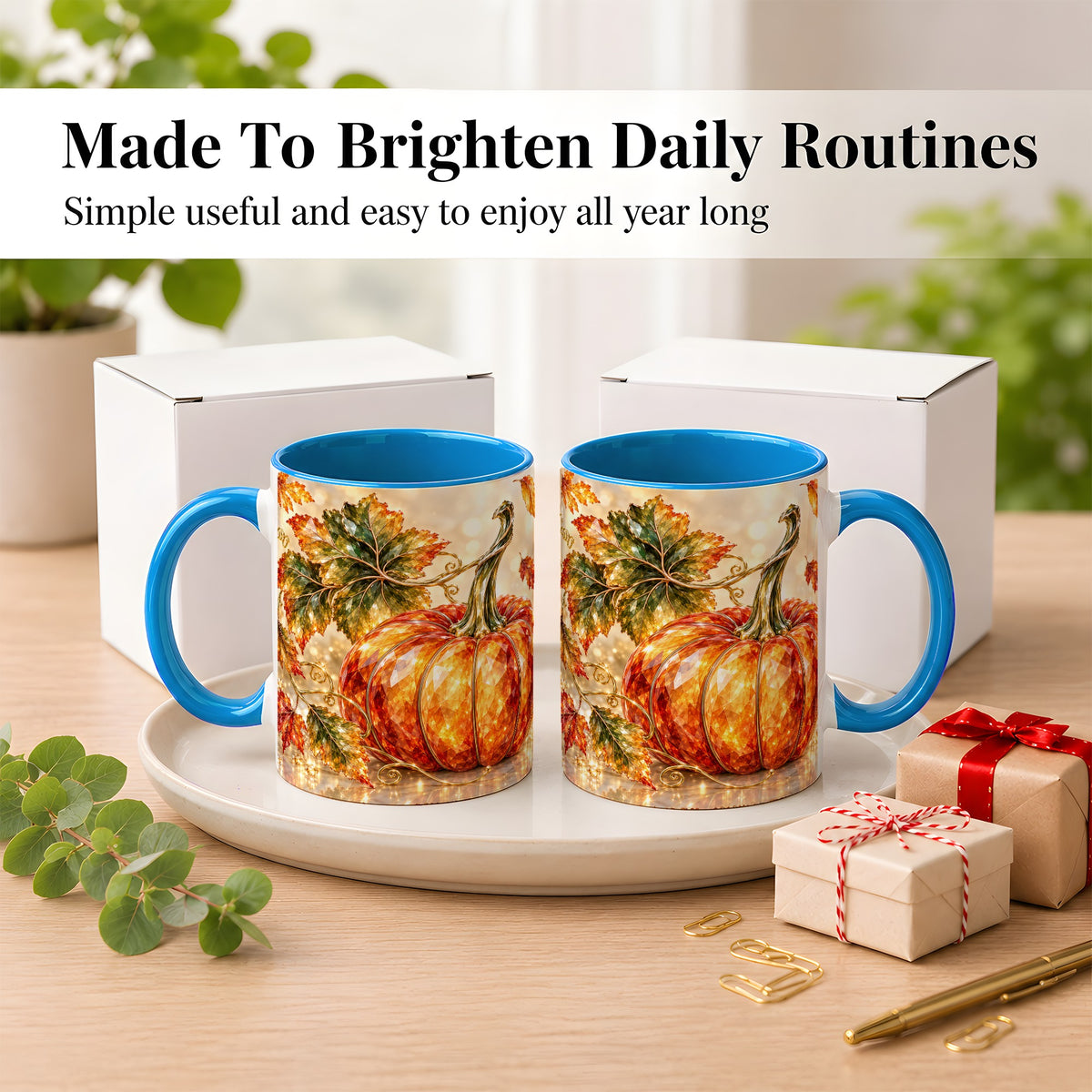 #pl[11oz|Blue] Faceted Pumpkin Coffee Mug, Autumn Harvest Leaves Mug, Ceramic Cup