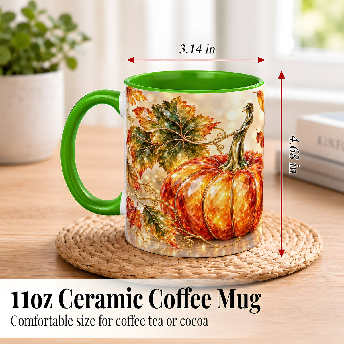 #pl[11oz|Green] Faceted Pumpkin Coffee Mug, Autumn Harvest Leaves Mug, Ceramic Cup
