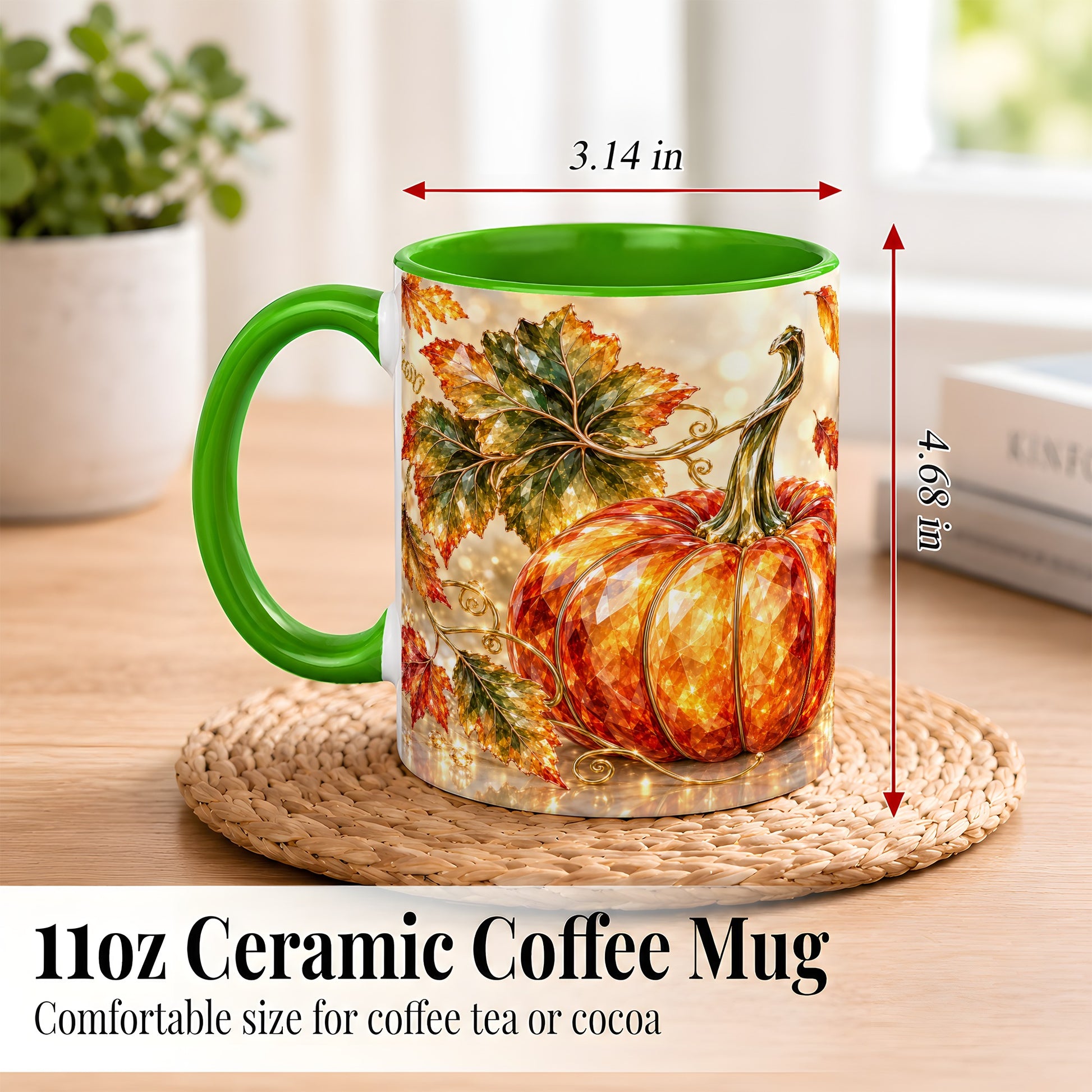 #pl[11oz|Green] Faceted Pumpkin Coffee Mug, Autumn Harvest Leaves Mug, Ceramic Cup