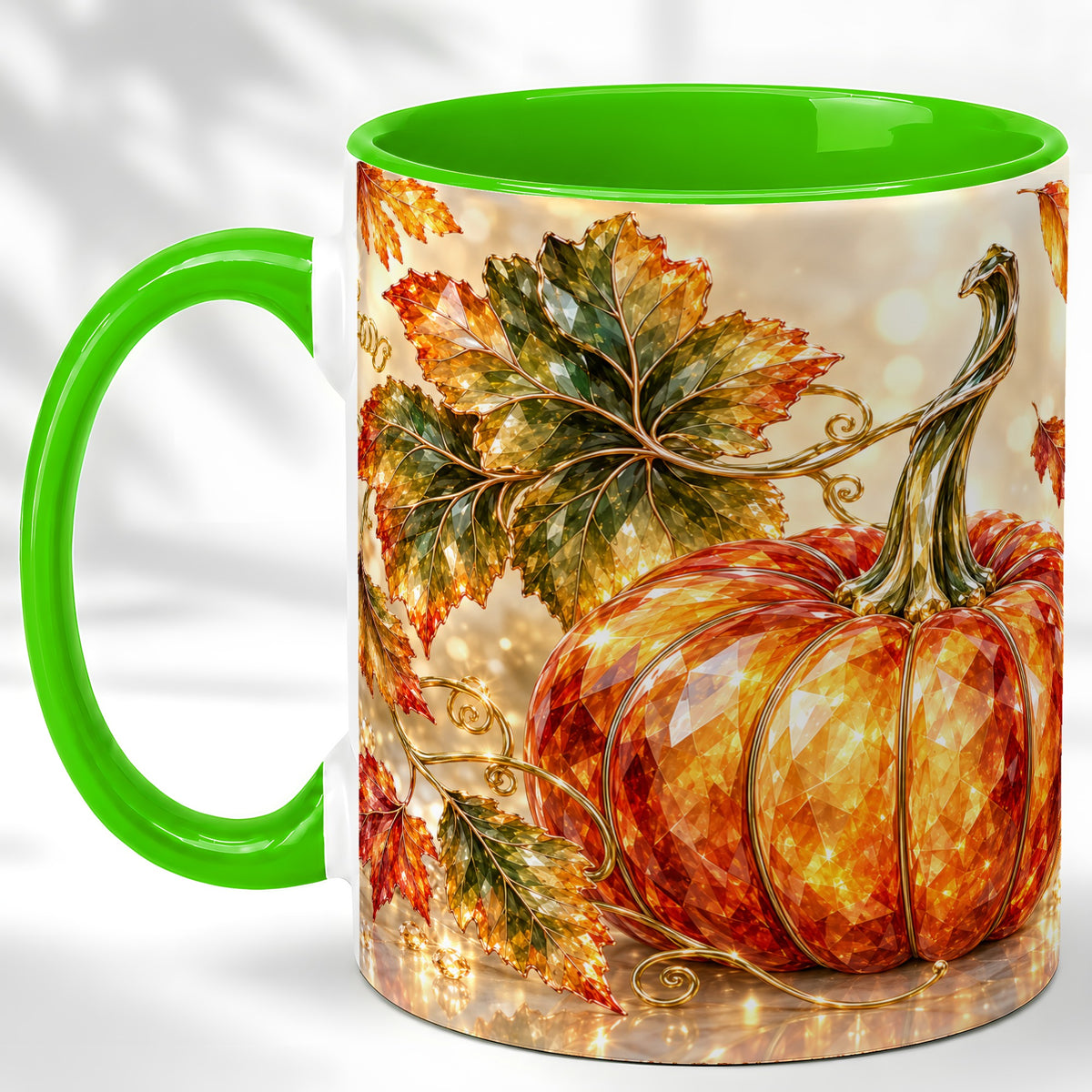 #pl[11oz|Green] Faceted Pumpkin Coffee Mug, Autumn Harvest Leaves Mug, Ceramic Cup