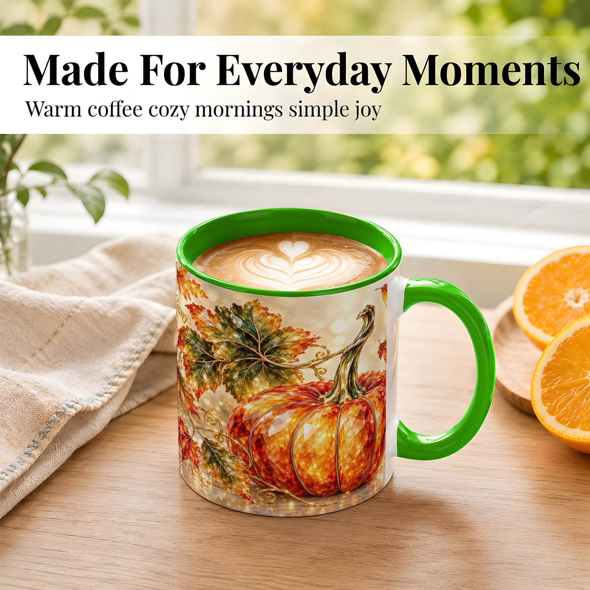 #pl[11oz|Green] Faceted Pumpkin Coffee Mug, Autumn Harvest Leaves Mug, Ceramic Cup
