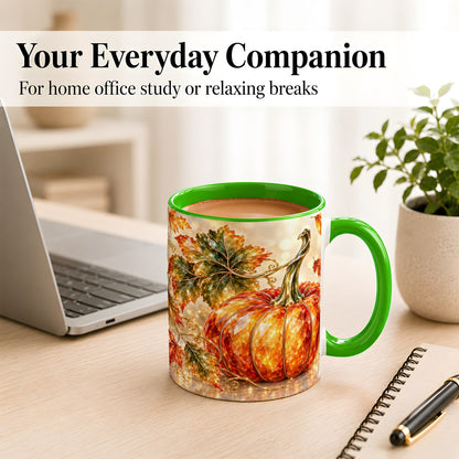 #pl[11oz|Green] Faceted Pumpkin Coffee Mug, Autumn Harvest Leaves Mug, Ceramic Cup