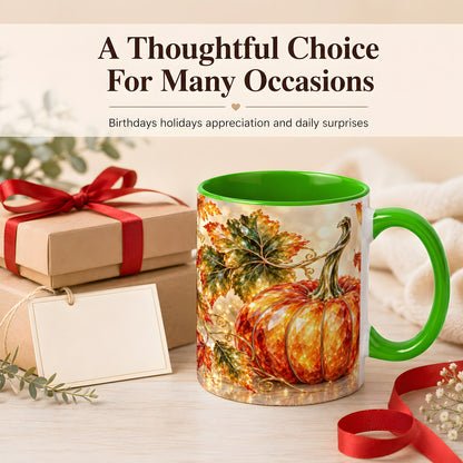 #pl[11oz|Green] Faceted Pumpkin Coffee Mug, Autumn Harvest Leaves Mug, Ceramic Cup