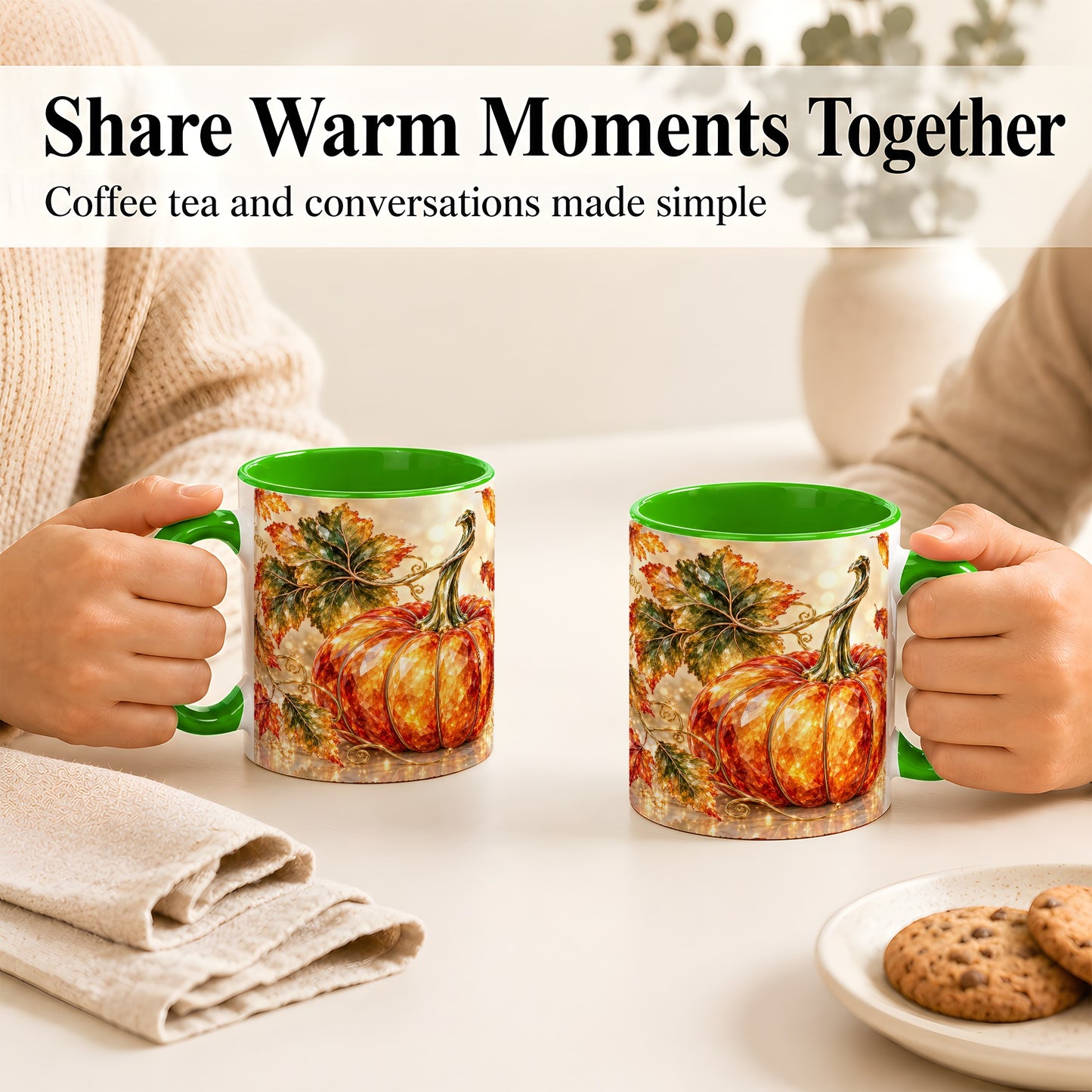 #pl[11oz|Green] Faceted Pumpkin Coffee Mug, Autumn Harvest Leaves Mug, Ceramic Cup