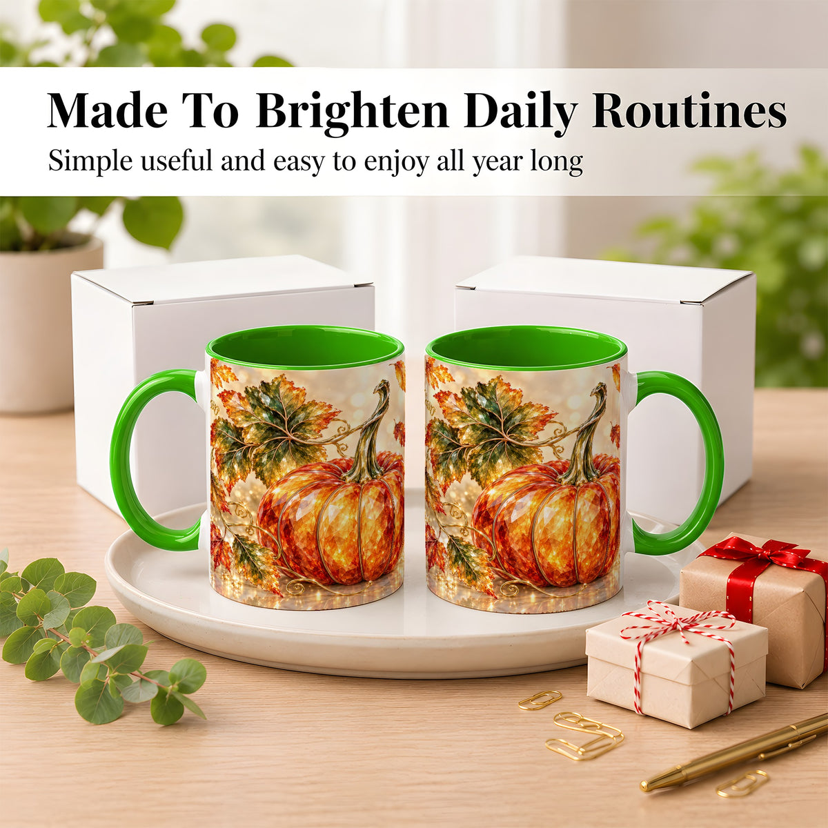 #pl[11oz|Green] Faceted Pumpkin Coffee Mug, Autumn Harvest Leaves Mug, Ceramic Cup