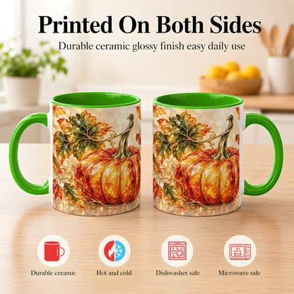 #pl[11oz|Green] Faceted Pumpkin Coffee Mug, Autumn Harvest Leaves Mug, Ceramic Cup