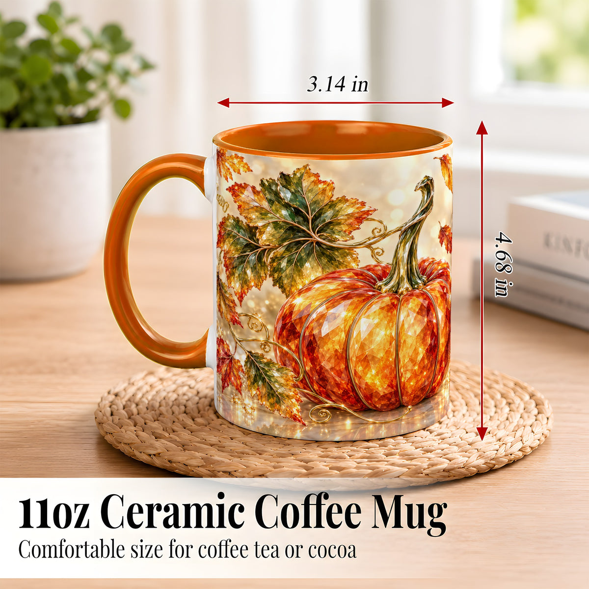 #pl[11oz|Orange] Faceted Pumpkin Coffee Mug, Autumn Harvest Leaves Mug, Ceramic Cup
