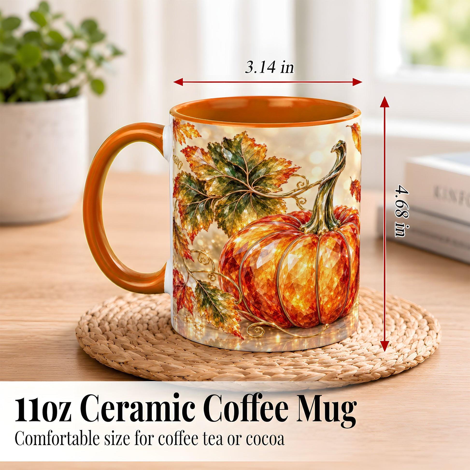 #pl[11oz|Orange] Faceted Pumpkin Coffee Mug, Autumn Harvest Leaves Mug, Ceramic Cup