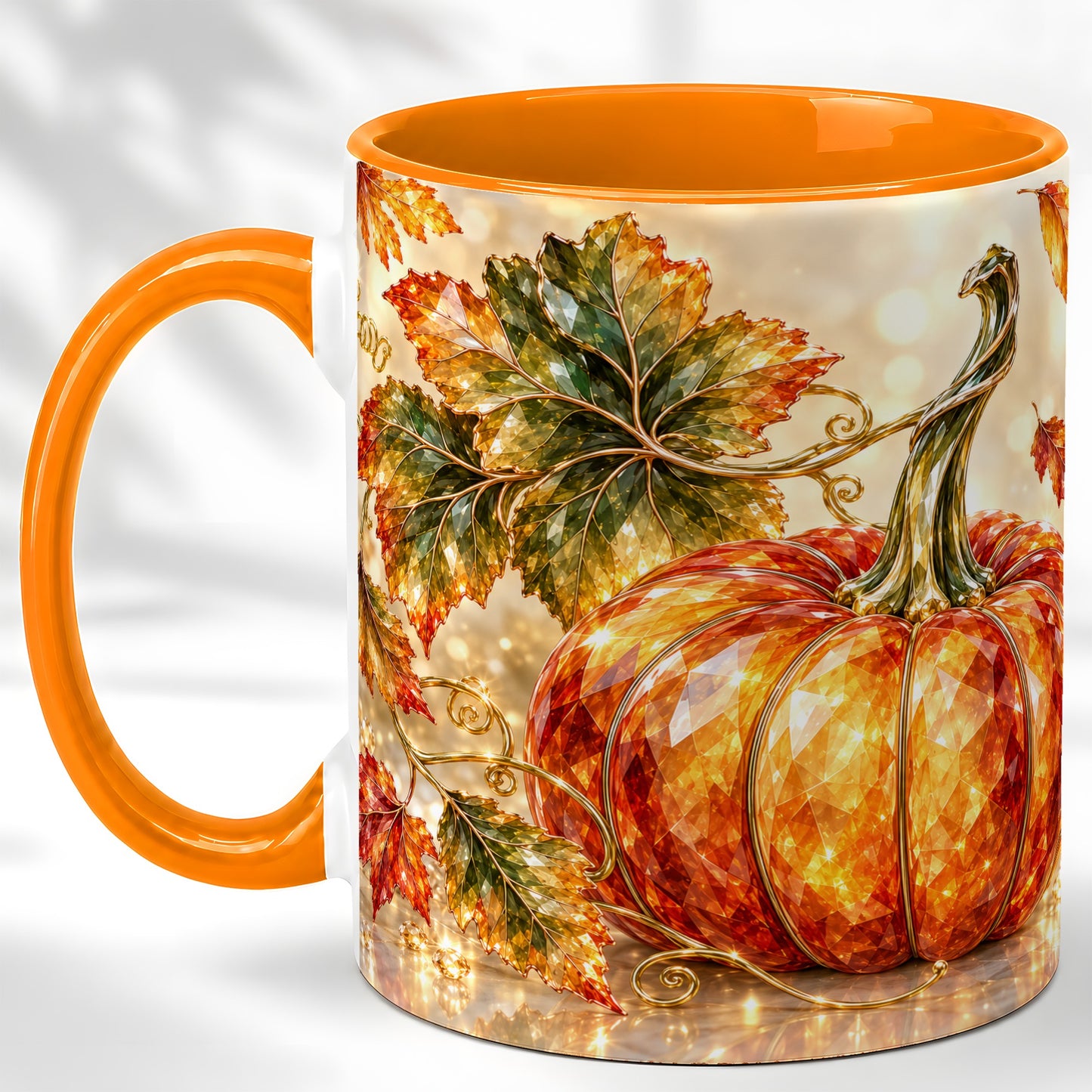 #pl[11oz|Orange] Faceted Pumpkin Coffee Mug, Autumn Harvest Leaves Mug, Ceramic Cup