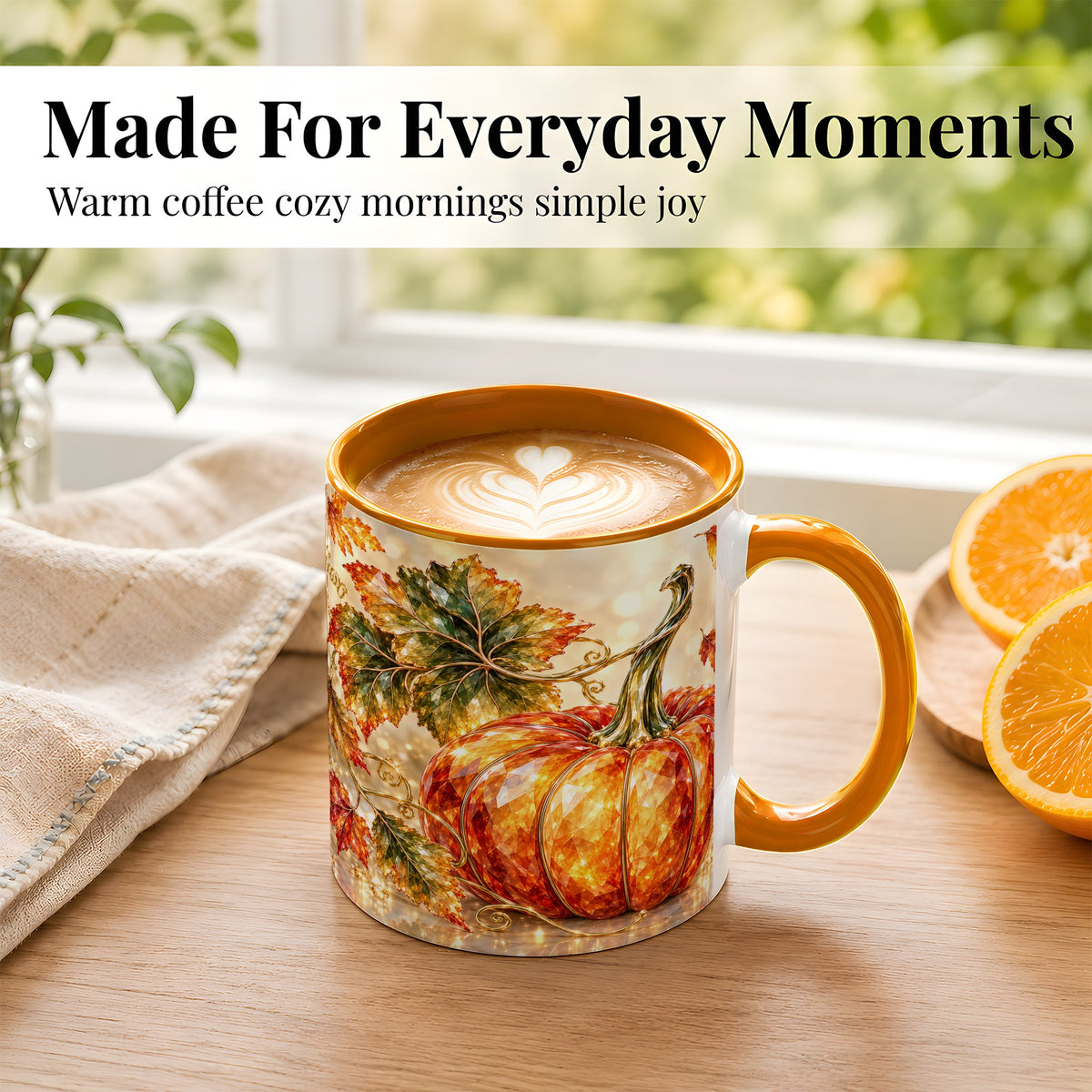 #pl[11oz|Orange] Faceted Pumpkin Coffee Mug, Autumn Harvest Leaves Mug, Ceramic Cup