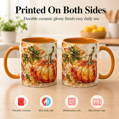 #pl[11oz|Orange] Faceted Pumpkin Coffee Mug, Autumn Harvest Leaves Mug, Ceramic Cup