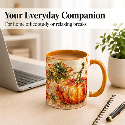 #pl[11oz|Orange] Faceted Pumpkin Coffee Mug, Autumn Harvest Leaves Mug, Ceramic Cup