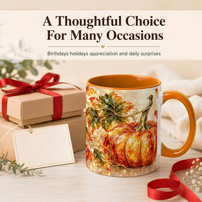 #pl[11oz|Orange] Faceted Pumpkin Coffee Mug, Autumn Harvest Leaves Mug, Ceramic Cup