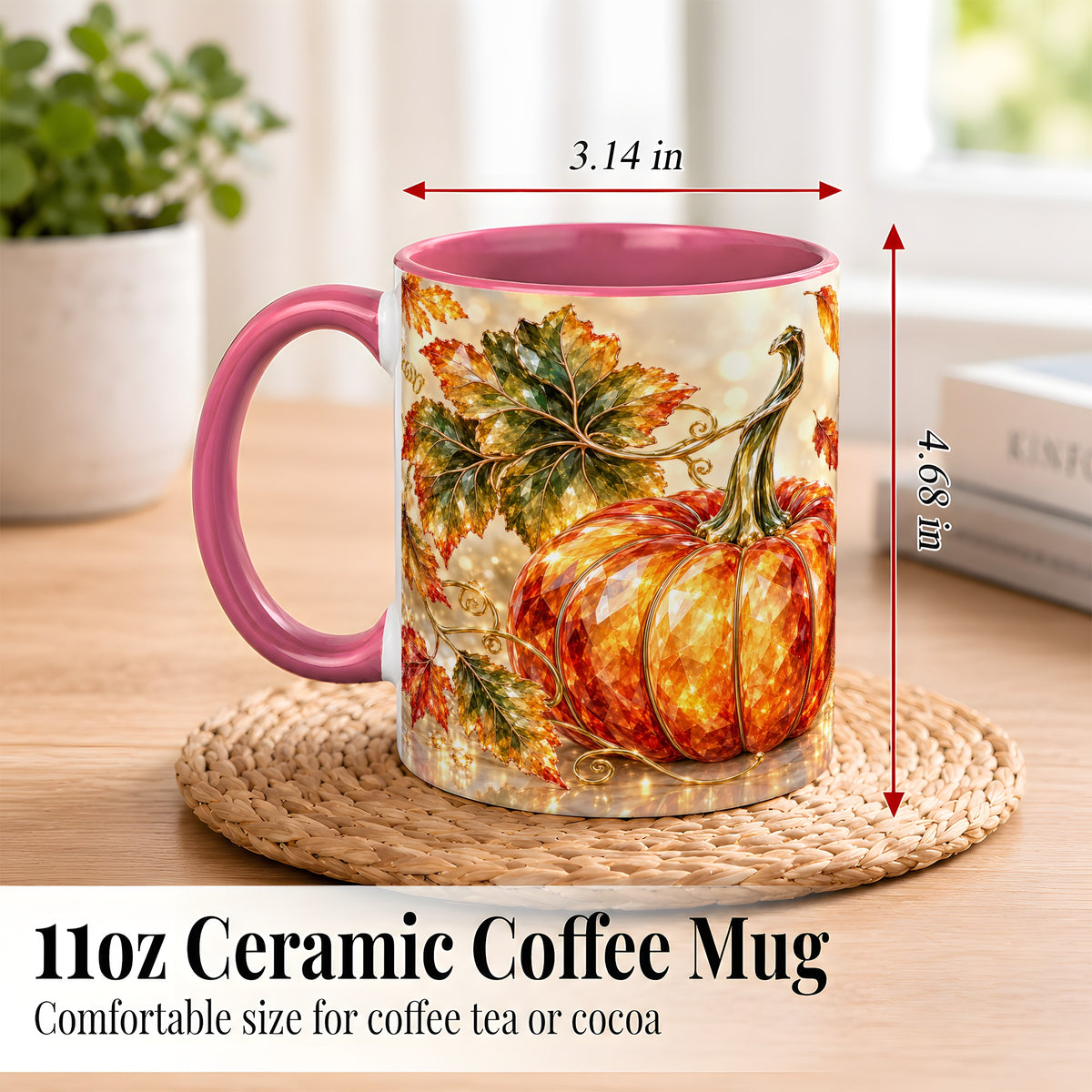 #pl[11oz|Pink] Faceted Pumpkin Coffee Mug, Autumn Harvest Leaves Mug, Ceramic Cup
