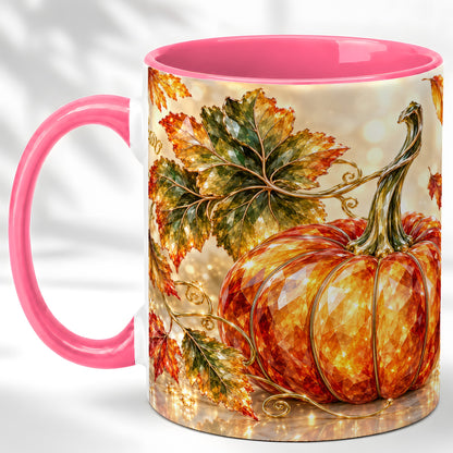 #pl[11oz|Pink] Faceted Pumpkin Coffee Mug, Autumn Harvest Leaves Mug, Ceramic Cup