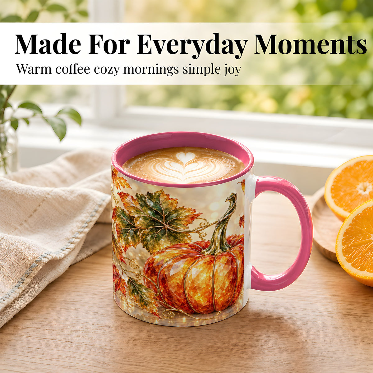 #pl[11oz|Pink] Faceted Pumpkin Coffee Mug, Autumn Harvest Leaves Mug, Ceramic Cup