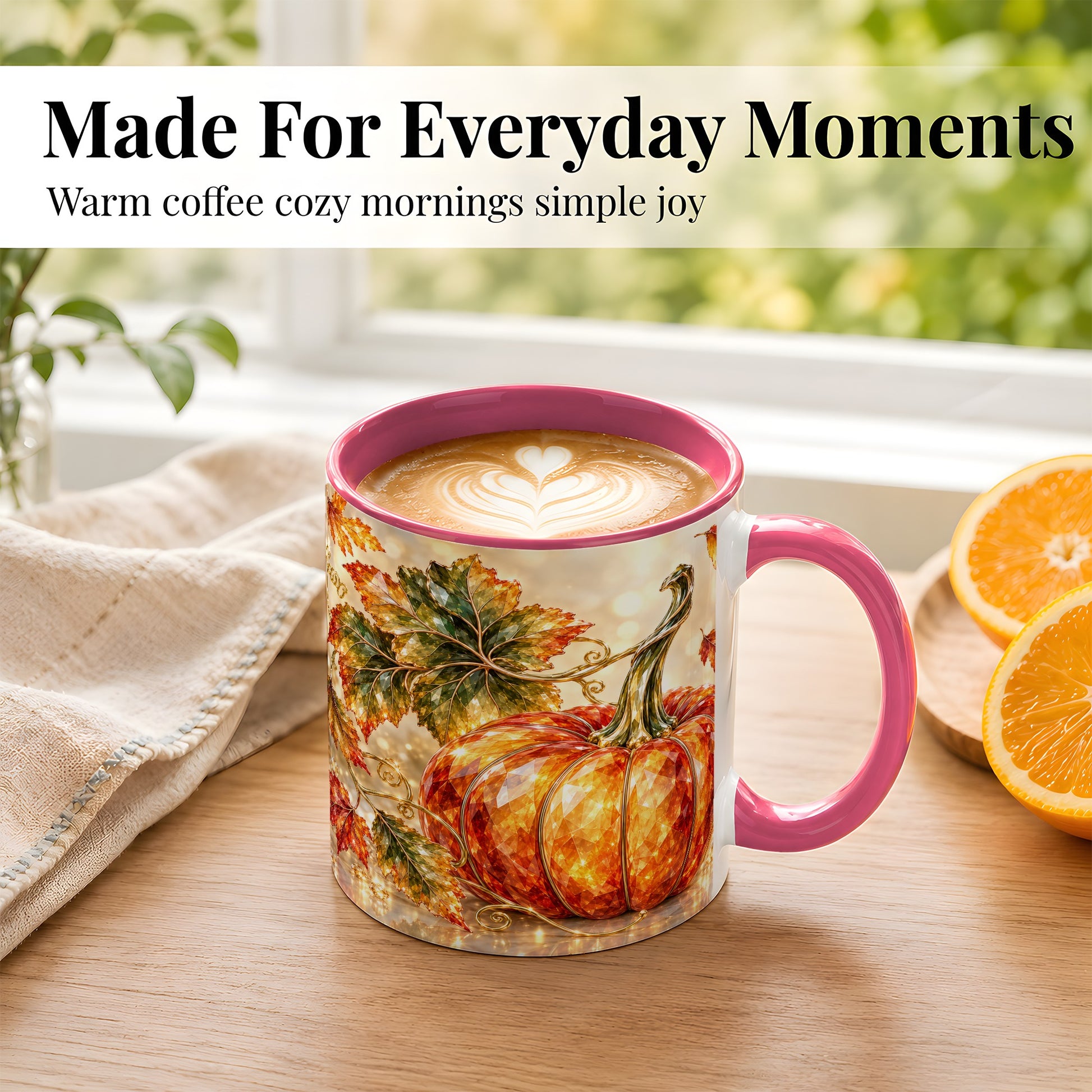 #pl[11oz|Pink] Faceted Pumpkin Coffee Mug, Autumn Harvest Leaves Mug, Ceramic Cup