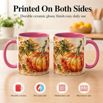 #pl[11oz|Pink] Faceted Pumpkin Coffee Mug, Autumn Harvest Leaves Mug, Ceramic Cup