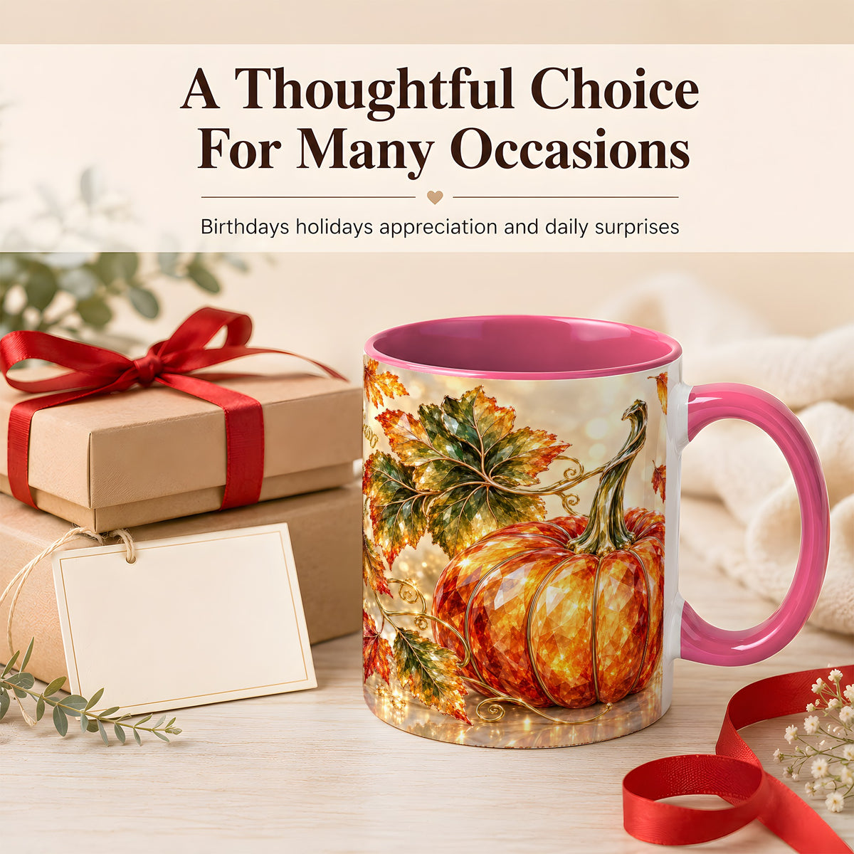 #pl[11oz|Pink] Faceted Pumpkin Coffee Mug, Autumn Harvest Leaves Mug, Ceramic Cup