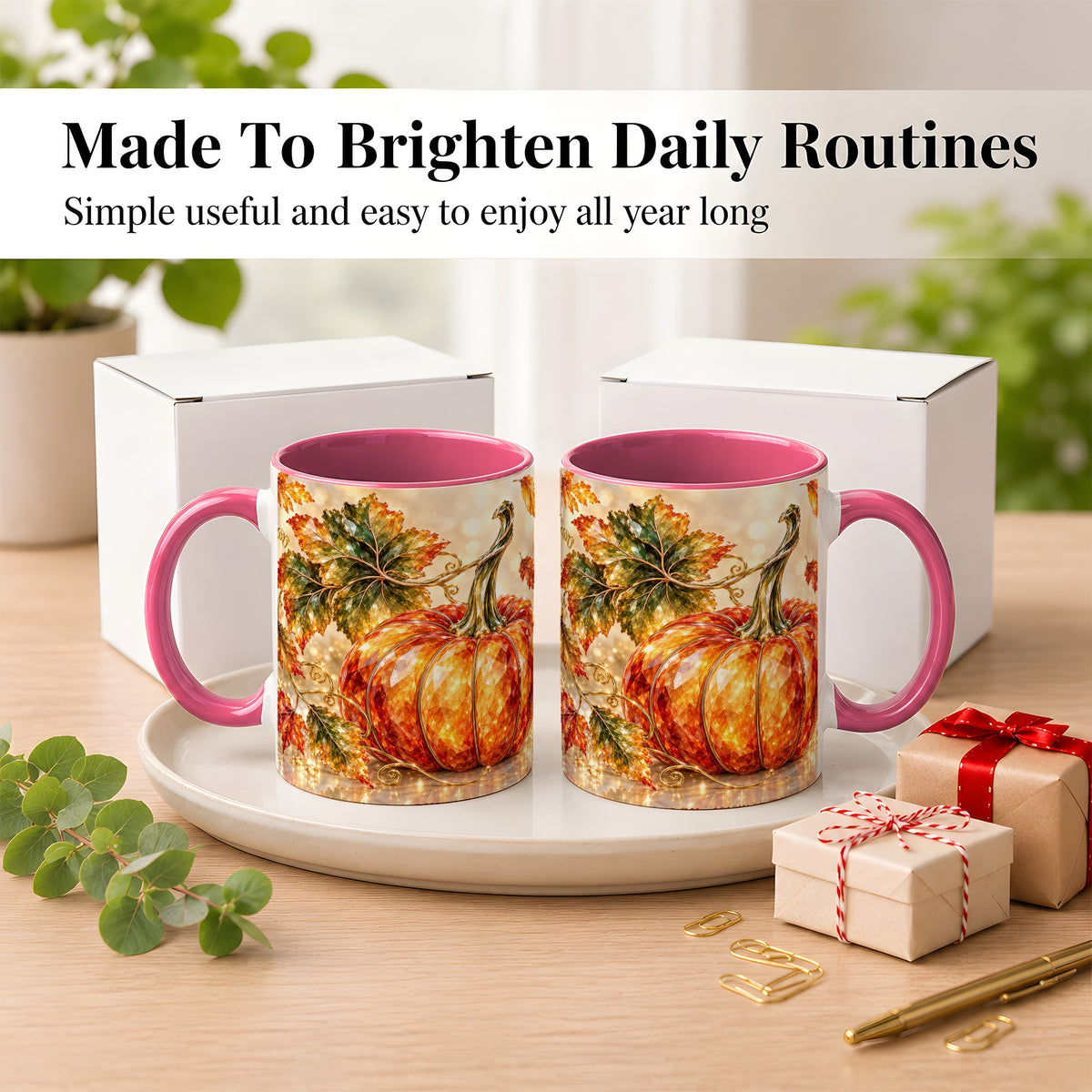 #pl[11oz|Pink] Faceted Pumpkin Coffee Mug, Autumn Harvest Leaves Mug, Ceramic Cup