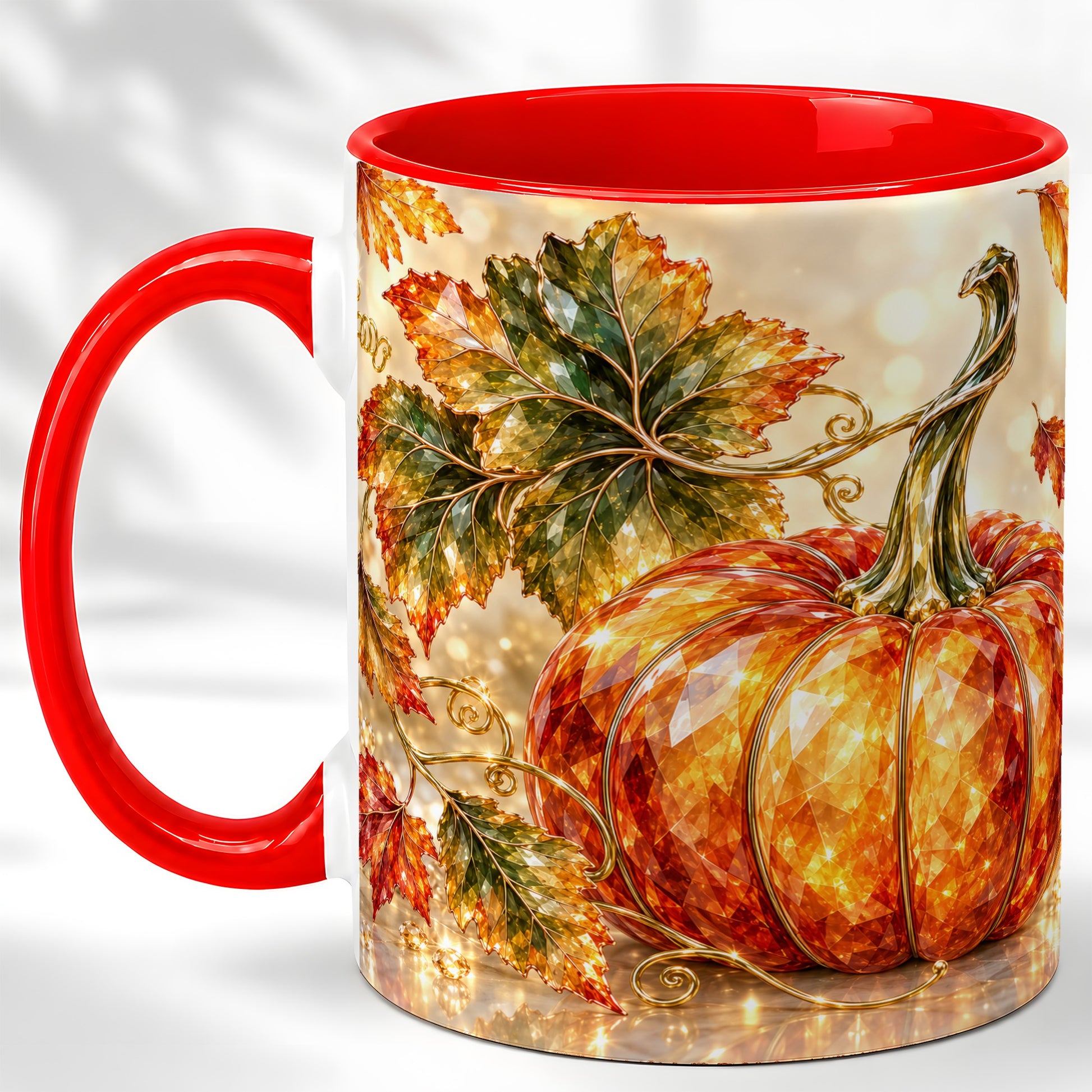 Faceted Pumpkin Coffee Mug, Autumn Harvest Leaves Mug, Ceramic Cup