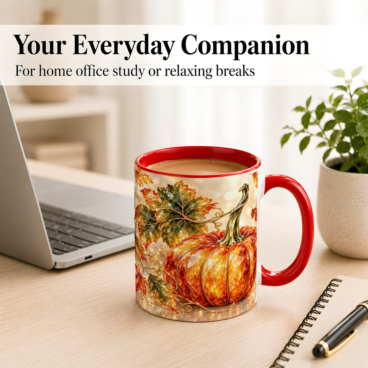 #pl[11oz|Red] Faceted Pumpkin Coffee Mug, Autumn Harvest Leaves Mug, Ceramic Cup